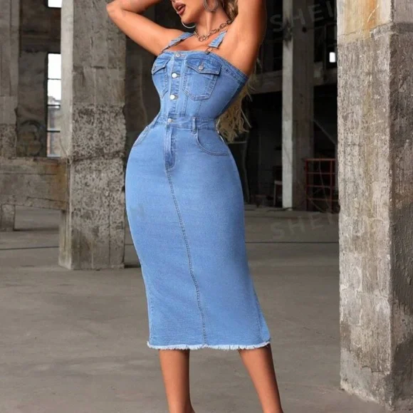 Buttoned Denim Dress with Slit Back - Picture 2 of 10